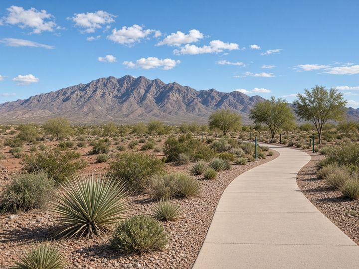 Desert community park and walking path in a northwest Las Vegas master plan