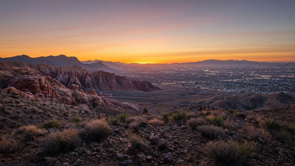 Las Vegas valley view from elevated desert ridge near Red Rock Canyon and Skye Summit Master Plan